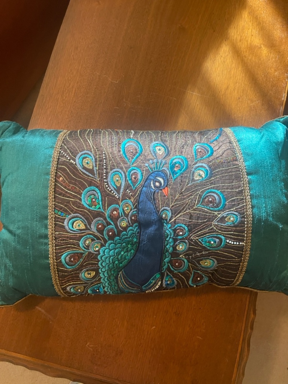 Embroidered Peacock Decorative Pillow - Teal & Navy - Picture 2 of 3